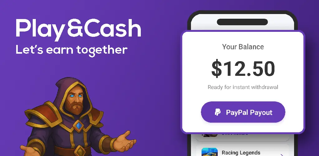 Mobile app interface for Play&Cash, a play-to-earn gaming platform